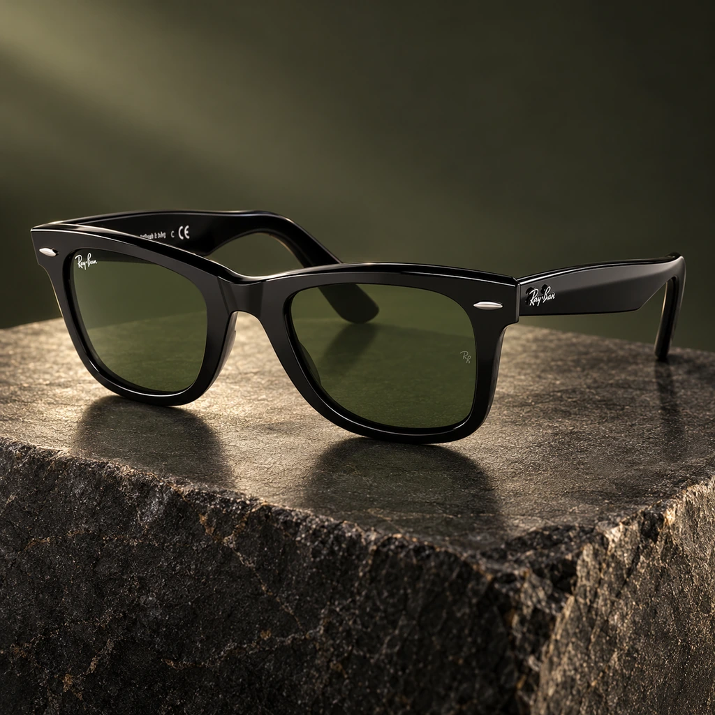 Black Ray-Ban sunglasses on a stone pedestal