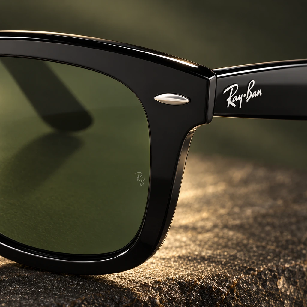 Macro detail of the sunglasses frame and temple