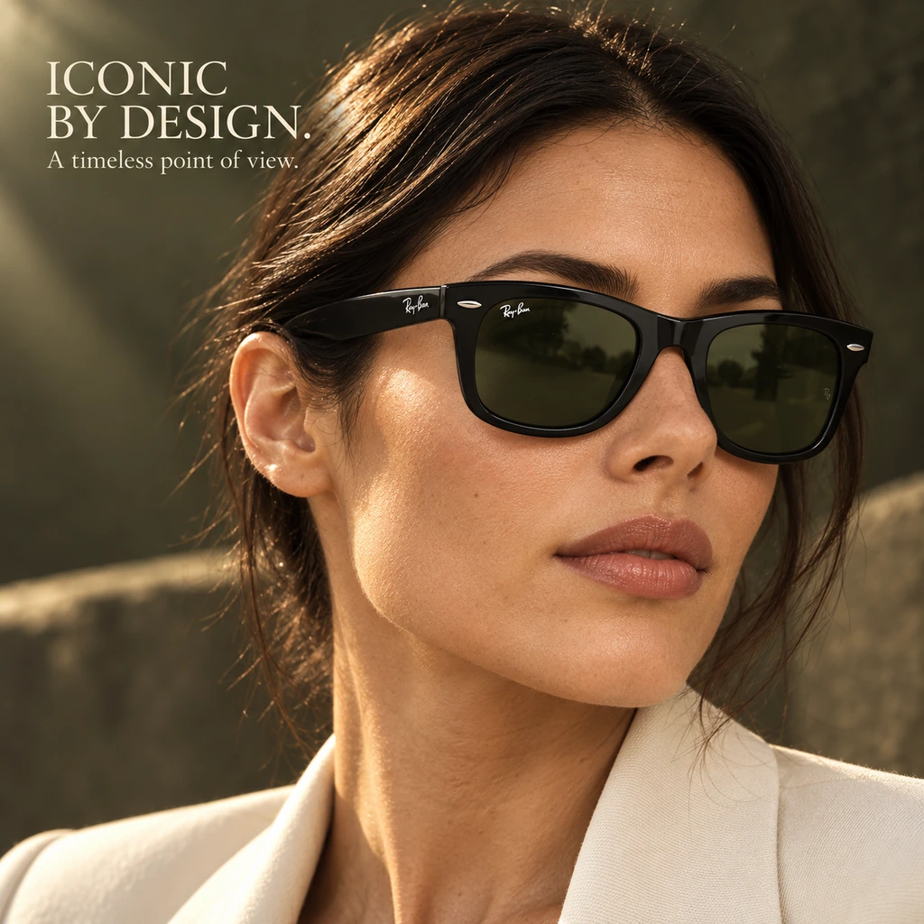 Close portrait of a woman wearing Ray-Ban sunglasses