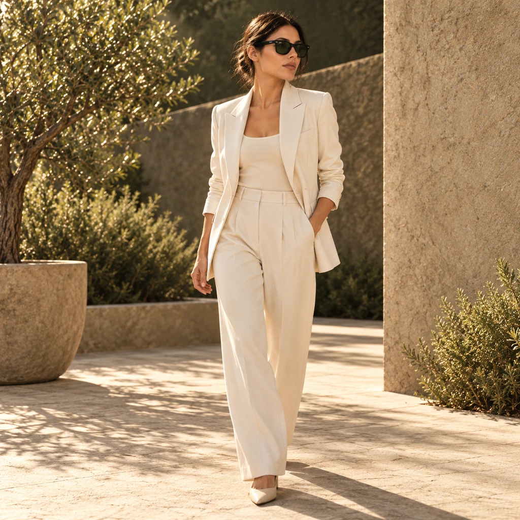 Full-body portrait of a woman wearing Ray-Ban sunglasses