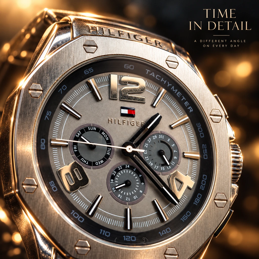 Warm oblique macro of the Hilfiger dial with Time in Detail typography