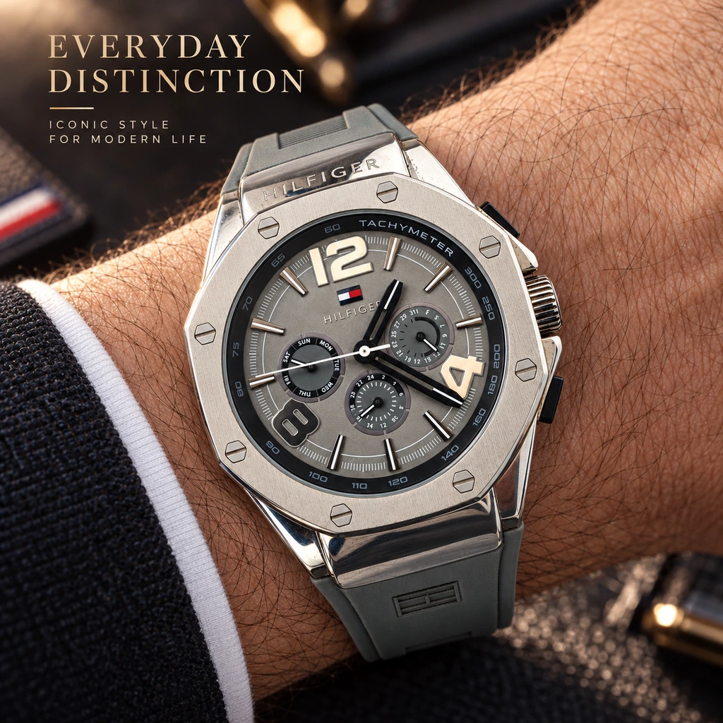 Hilfiger watch worn on a man’s wrist
